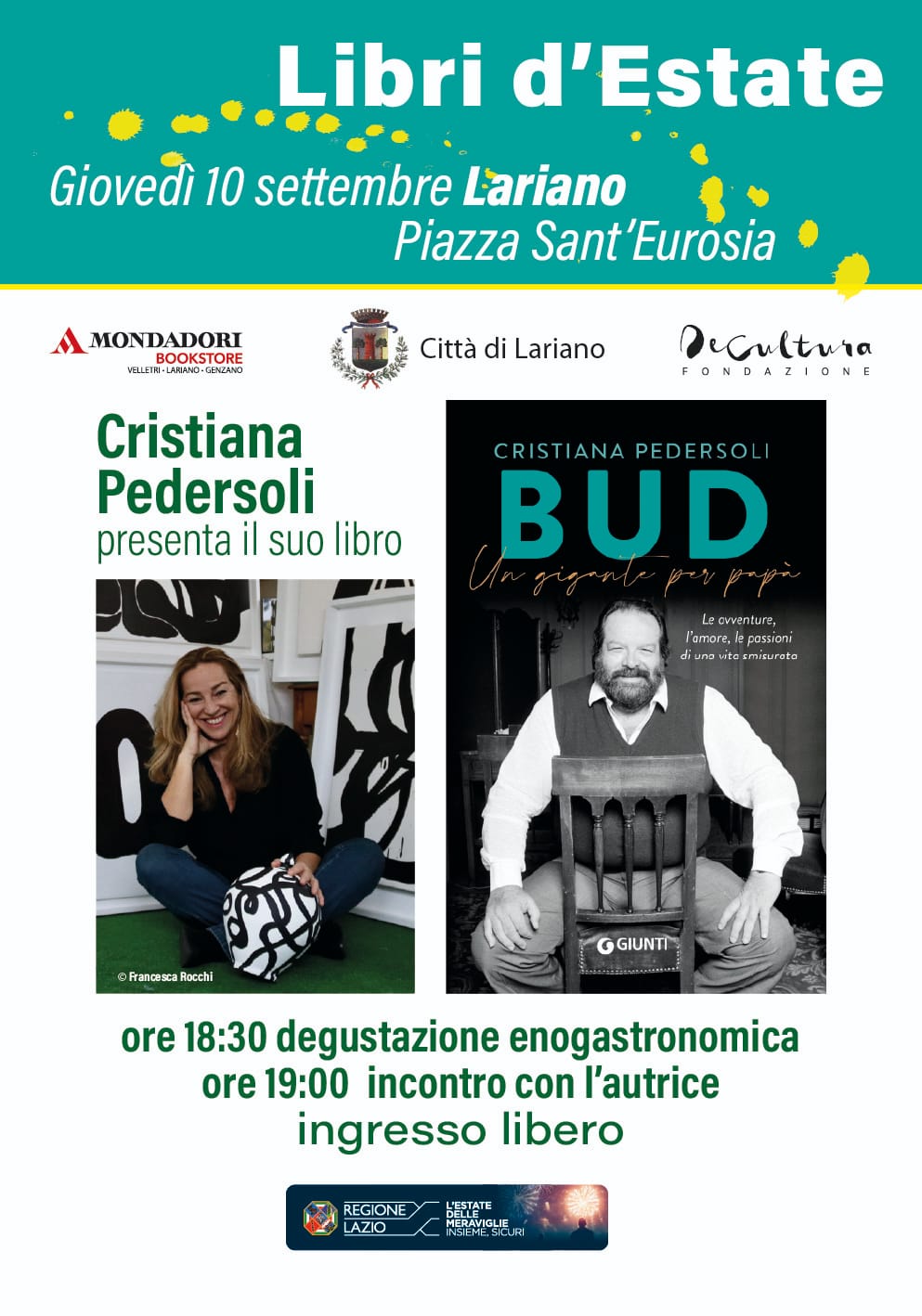 Lariano - Libri d'Estate: Cristiana Pedersoli presenta il suo libro Bud un gigante  per papà Lariano - Castelli della Sapienza