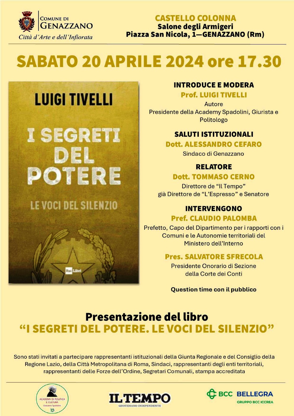 Genazzano: presentazione del libro "I segreti del potere. Le voci del silenzio" del Prof. Luigi Tivelli